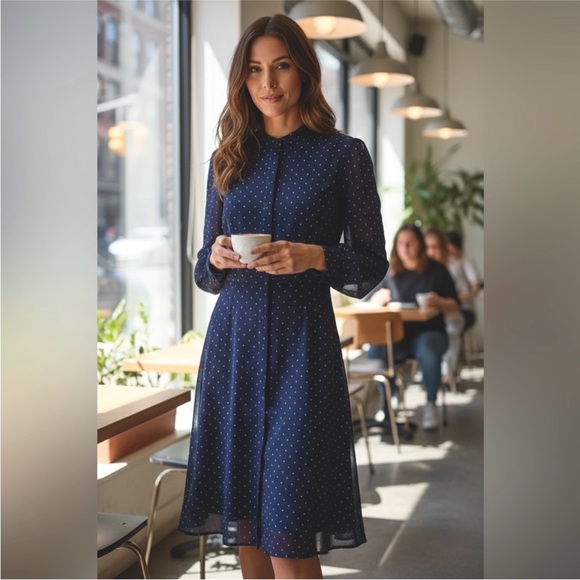 Massimo Dutti Dresses & Skirts - MASSIMO DUTTI Navy Blue Flocked Polka Dot Long Sleeve Fit & Flare Dress Women 10